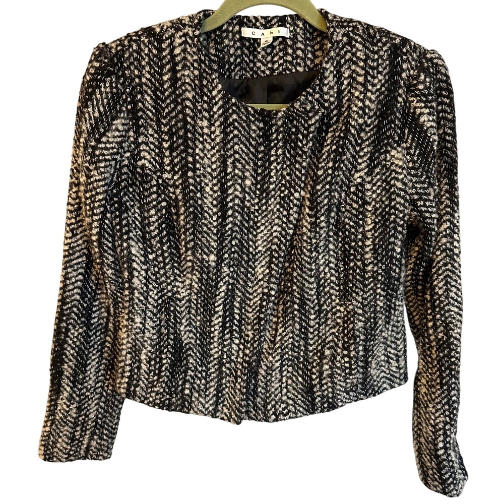 Cabi Black White Tweed Knit Moto Jacket Cropped‎ Zip Blazer Career Size 4